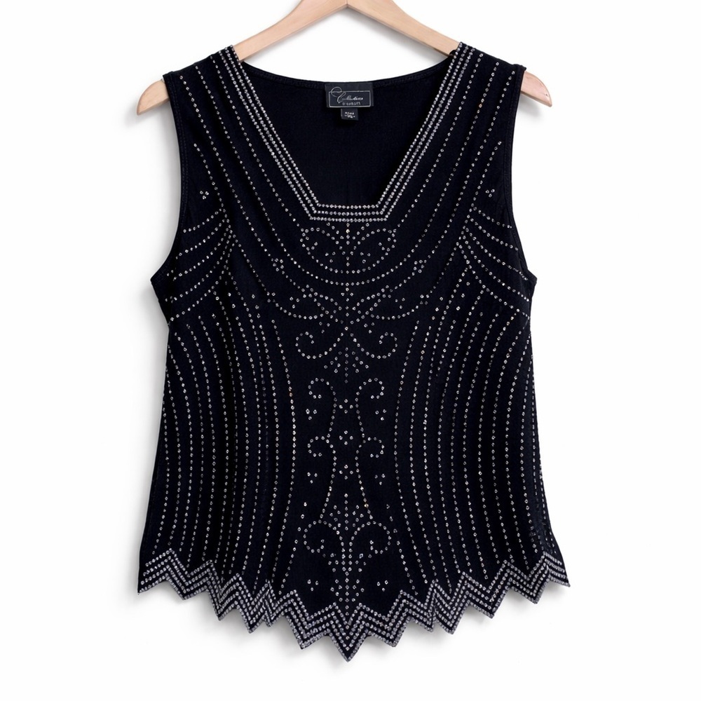 Collection Dress Barn | Beaded Sequin Black Sleeveless Pointed Scalloped Top XLP